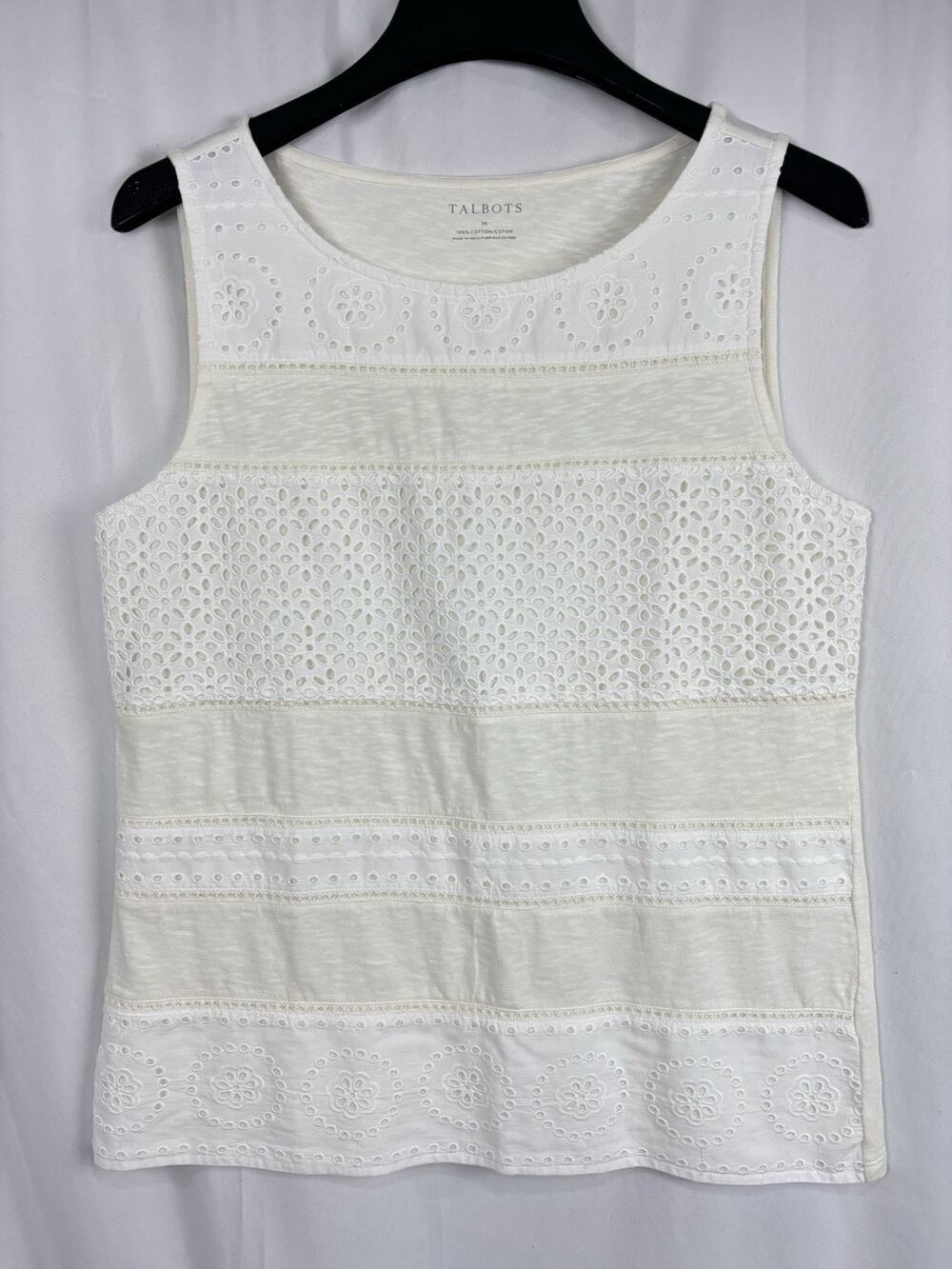 Talbots Women’s Size M Ivory Eyelet Lace Panel Tank Top Cotton.